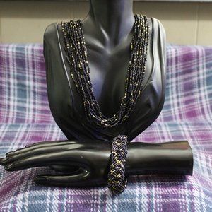 Black and Gold Glass Beaded Multistrand Necklace and Bracelet Set